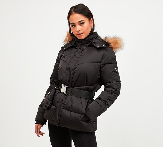 Womens Lucia Belted Chevron Fur Jacket