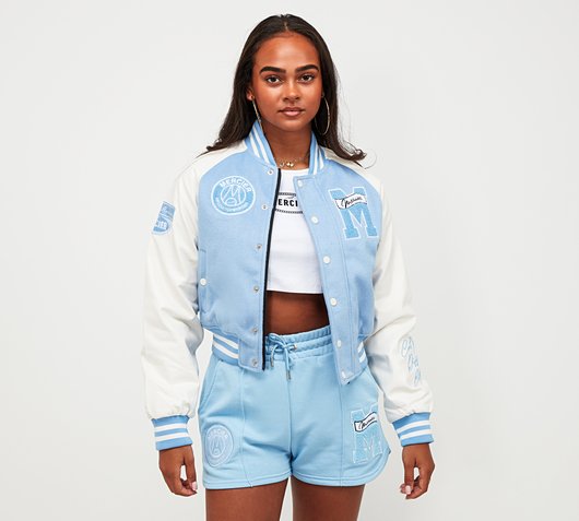 Mercier Womens Academy Crop Varsity Jacket | Sky Blue | Footasylum