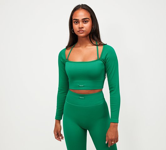 Womens Faye Ribbed Seamless Long Sleeve Halter Top