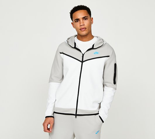 Nike Tech Fleece Colour Block Hoodie | Iron Ore / White / Baltic Blue |  Footasylum
