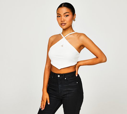 WAFFLE HALTER CROP TOP, BLACK, THIRD FORM, Women's Fashion on Sale