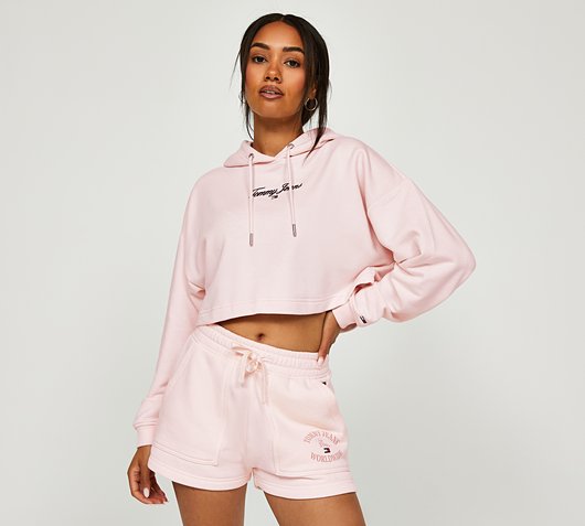 Tommy Jeans Womens Essential Logo Cropped Hoodie | Faint Pink | Footasylum
