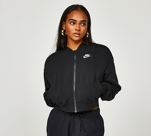 Nike Womens Club Fleece Oversized Crop Bomber Jacket | Black | Footasylum