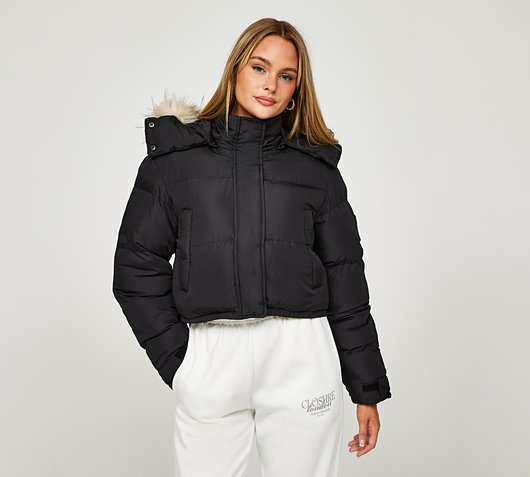 Closure London Womens Cropped Fur Hooded Puffer Jacket | Black / Light ...