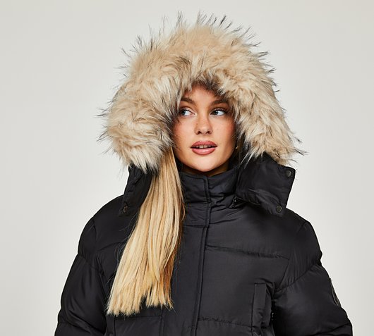 Closure London Womens Cropped Fur Hooded Puffer Jacket | Black / Light Fur  | Footasylum