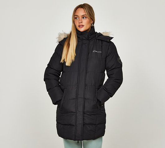 Closure London Womens Longline Fur Puffer Jacket | Black / Light Fur ...