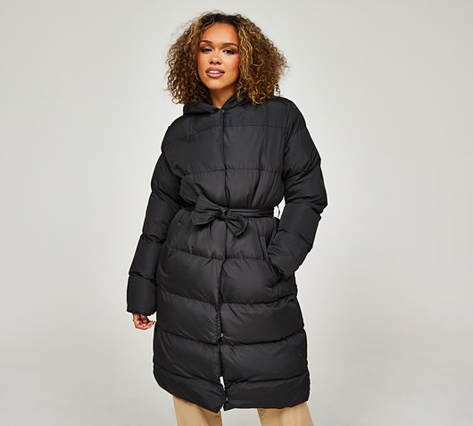 Womens Tie Belt Long Length Padded Jacket