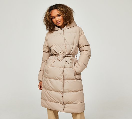 Womens Tie Belt Long Length Padded Jacket