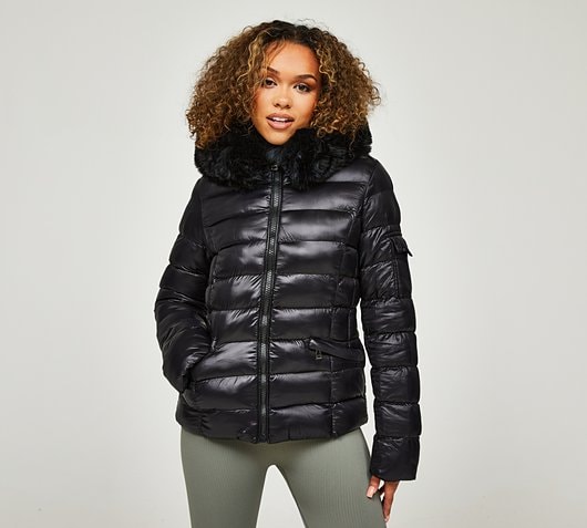 Brave Soul Womens High Shine Faux Fur Jacket | Black | Footasylum