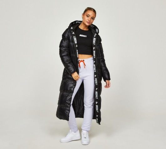 Money Clothing Womens Logo Trim Longline Puffer Jacket Black