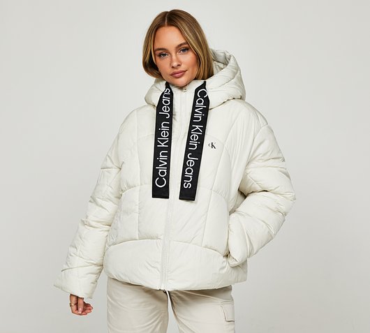 Calvin Klein Jeans Womens Logo Drawstring Short Puffer Jacket | Ivory ...