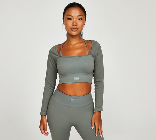 Womens Faye Ribbed Seamless Long Sleeve Halter Top