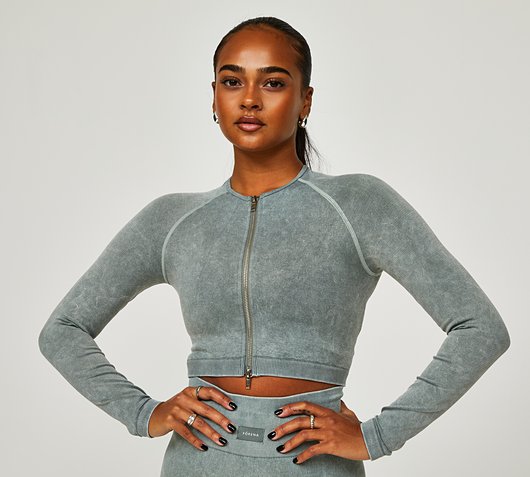 Womens Acid Wash Seamless Zip Crop Top