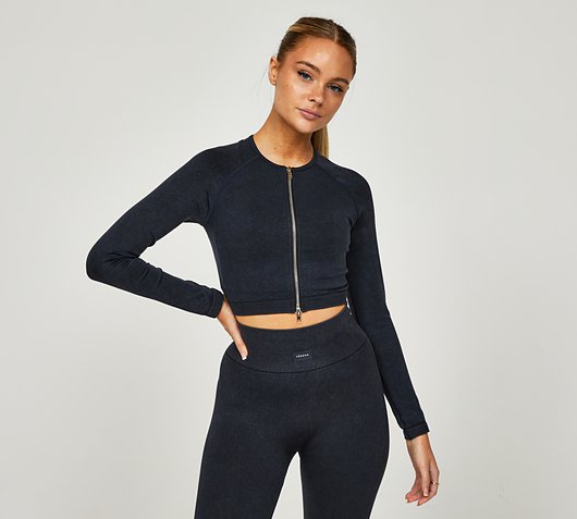 Womens Acid Wash Seamless Zip Crop Top