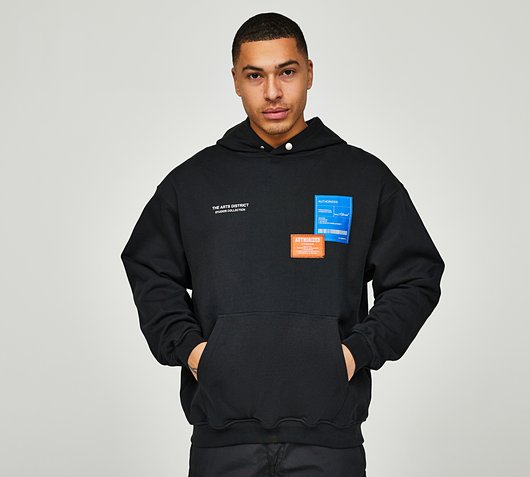 Authorized Arch Back Logo Relaxed Overhead Hoodie | Jet Black | Footasylum