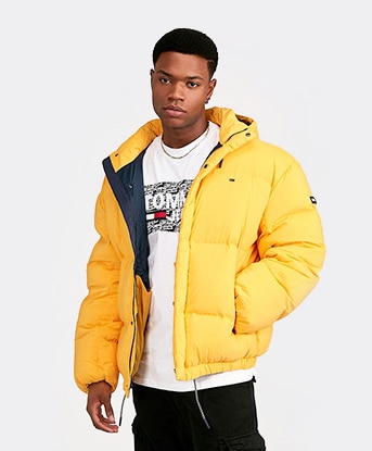 tommy jeans yellow oversized hooded puffer jacket