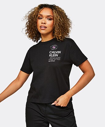 Calvin Klein Jeans Womens Stacked | CK Galaxy Footasylum T-Shirt Neon Black Pink Print | 