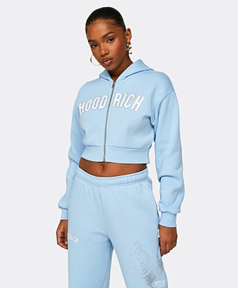 Hoodrich Womens Glide Rhinestone Full Zip Crop Hoodie | Placid Blue / White  | Footasylum