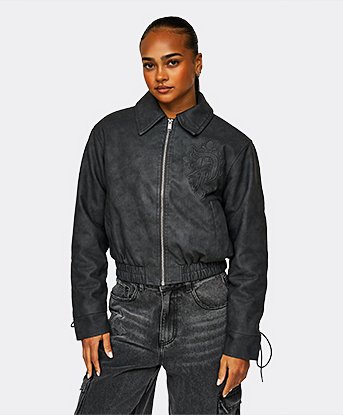 Womens Obscure Cropped Faux Leather bomber Jacket