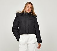 Closure London Womens Cropped Fur Hooded Puffer Jacket - Black - Size 14